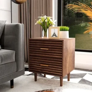 Turkish Polish Brown Slatted Wood Side Table - Image 1