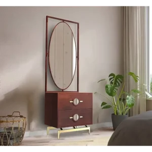 Classic Polish Brown Vanity Side Table with Oval Mirror - Image 1
