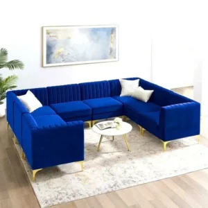 Royal Azure Turkish Velvet U-Sofa with Gold Accents - Image 1