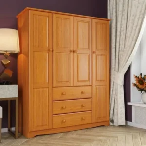 Drawers Traditiol Four-Door Light Brown Wood Wardrobe - Image 1