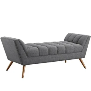 Mid-Century Modern Grey Jute Upholstered Settee with Tufted Seat & Gold Legs - Image 1