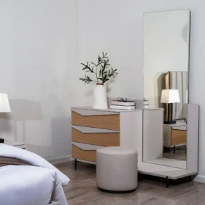 Modern Fabric Upholstered Bed with Geometric Paneled Headboard & Nightstands - Image 2