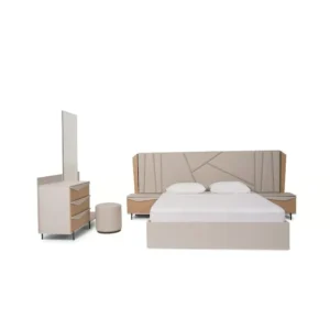 Modern Fabric Upholstered Bed with Geometric Paneled Headboard & Nightstands - Image 3