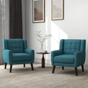 Teal Blue Tufted Fabric Bedroom Armchairs with Dark Brown Legs – Set of 2 - Image 1