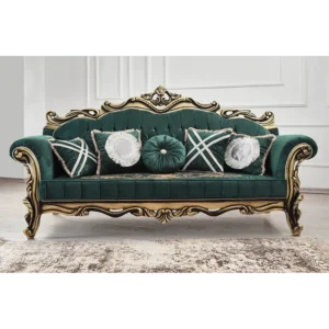 Royal Emerald Green Velvet Sofa with Intricate Gold Carvings - Image 1