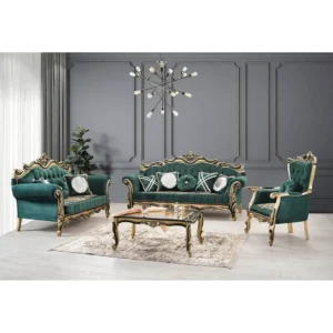 Royal Emerald Green Velvet Sofa with Intricate Gold Carvings - Image 2