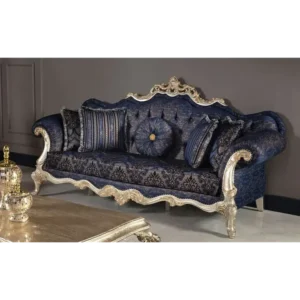 Midnight Sapphire Velvet Sofa with Silver Filigree Trim - Image 1