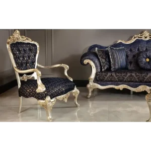 Midnight Sapphire Velvet Sofa with Silver Filigree Trim - Image 3