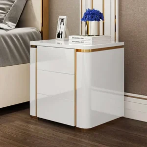 High-Gloss White & Gold Modern Nightstand with Curved Edges – 3 Drawer Design - Image 1