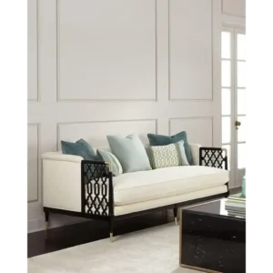 Bosphorus Turkish White Velvet Sofa with Black Lattice Arms - Image 1