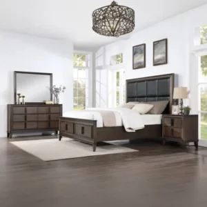 Grand Heritage Dark Brown Polish Bed with Black Leatherette Headboard - Image 1