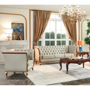 Executive Chesterfield Leather Brown Wood Sofa - Image 1