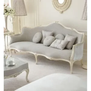 French Provincial Grey Jute Carved Sofa - Image 1