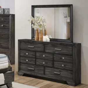 Classic Dark Brown Polish Bed with Grey Fabric Inset & Storage Drawers - Image 3