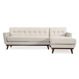 Mid-Century Modern Off-White Jute Sectiol with Dark Wood Base – Tufted Design - Image 1