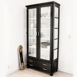 Glass Doors and Storage Drawers Classic Tall Black Display Showcase - Image 1