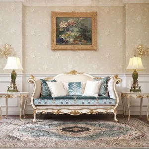 Neo-Classical White and Teal Silk Sofa - Image 1