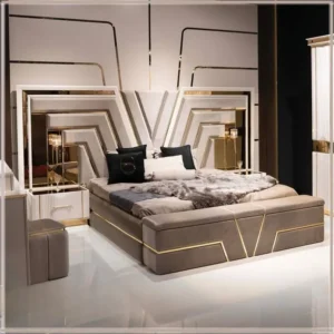 Avant-Garde Grey & White Geometric Fabric Bed with Gold Inlays - Image 1
