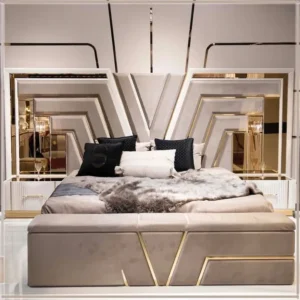 Avant-Garde Grey & White Geometric Fabric Bed with Gold Inlays - Image 2