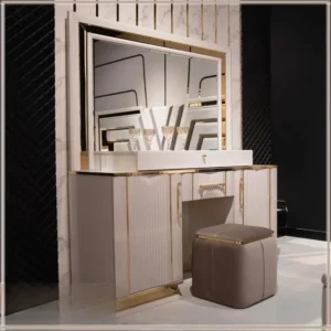 Avant-Garde Grey & White Geometric Fabric Bed with Gold Inlays - Image 3