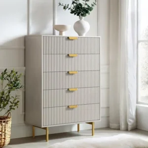 Athe Modern Fluted White Chester Drawers with Gold Accents – 5 Drawer Set - Image 1