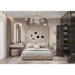 Aurelia Beige & Gold Hexagon Velvet Wall Bed - Image 1