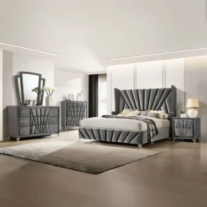 Art Deco Inspired Grey Velvet Bedroom Set with Geometric Sunburst Headboard – Luxury - Image 1