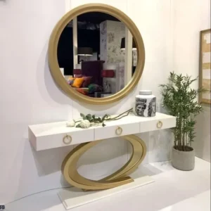 Luxury White Console Table with Gold Oval Pedestal Base & Round Mirror - Image 1