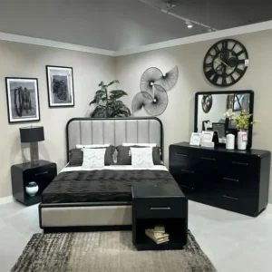 Contemporary Black & Grey Deco Bed with Vertical Tufted Headboard - Image 1