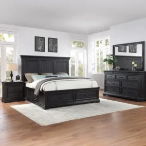 Classic Deep Black Polished Master Bed Set with Storage Drawers - Image 1