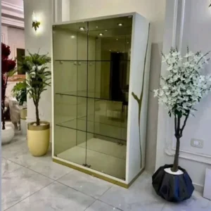 Luxury White & Gold Glass Display Showcase Cabinet with Integrated Lighting - Image 1