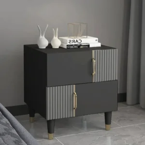 Turkish Style Deco Side Table in Matte Black & Fluted Grey with Gold Handles - Image 1