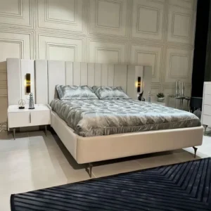 Modern Turkish Grey Fabric Bed with Extended Vertical Tufted Headboard - Image 1