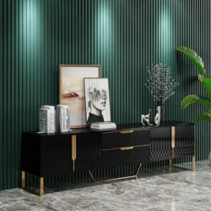 Modern Black Fluted LCD Floor Unit with Gold Trim Accents & Marble Surface - Image 2