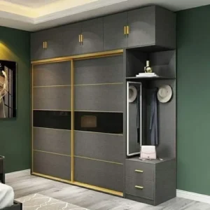 Luxury Modern Grey & Gold Sliding Door Wardrobe with Integrated Vanity Section - Image 1