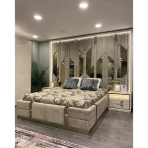 Obsidian Mist Velvet Wall Bed with Geometric Mirror Inlays - Image 1