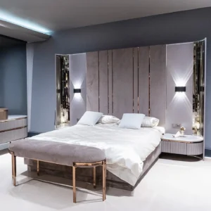 Silver Aura Curved Wing Wall Bed with Vertical Gold Ribbing - Image 1