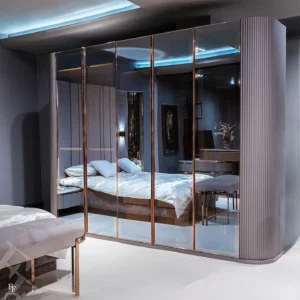 Silver Aura Curved Wing Wall Bed with Vertical Gold Ribbing - Image 2