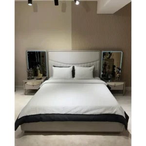 Modern Grey Leatherette Deco Bed with Integrated Mirrors - Image 1