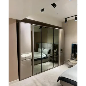 Modern Grey Leatherette Deco Bed with Integrated Mirrors - Image 2