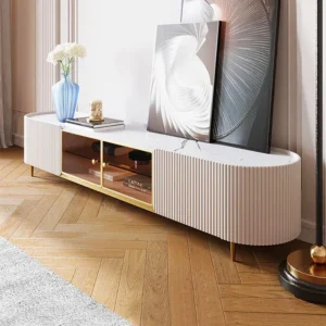 Elegant Fluted White LCD Floor Unit with Gold Trim & Marble Top – Turkish Design - Image 1