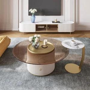 Elegant Fluted White LCD Floor Unit with Gold Trim & Marble Top – Turkish Design - Image 3