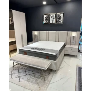 Platinum Linear Modern Velvet Bed with Tall Headboard - Image 1