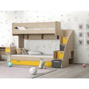 Modern Light Brown & Yellow Kids Bunk Bed with Integrated Storage Stairs - Image 1