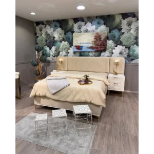 Royal Garden Turkish Deco Beige Velvet Bed - Image 1