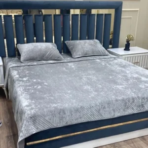 Royal Azure Turkish Velvet Deco Bed with Gold Inlays - Image 1