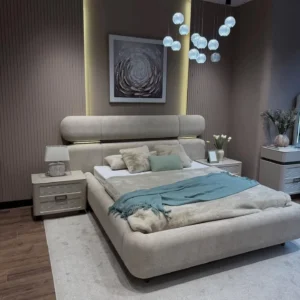 Serene Beige Velvet Deco Bed with Integrated LED Lighting - Image 1