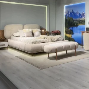 Nordic Horizon Beige Boucle Bed with Timber Accents - Image 1