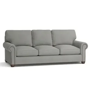 Classic Grey Plain Fabric Three Seater Living Room Sofa – Rolled Arms Design - Image 1