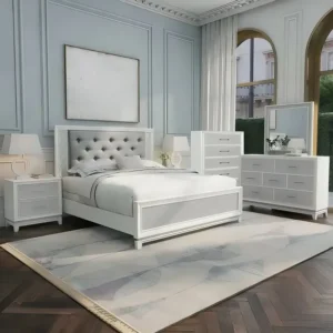 Classic White & Silver Tufted Deco Bedroom Collection with Mirrored Accents - Image 1